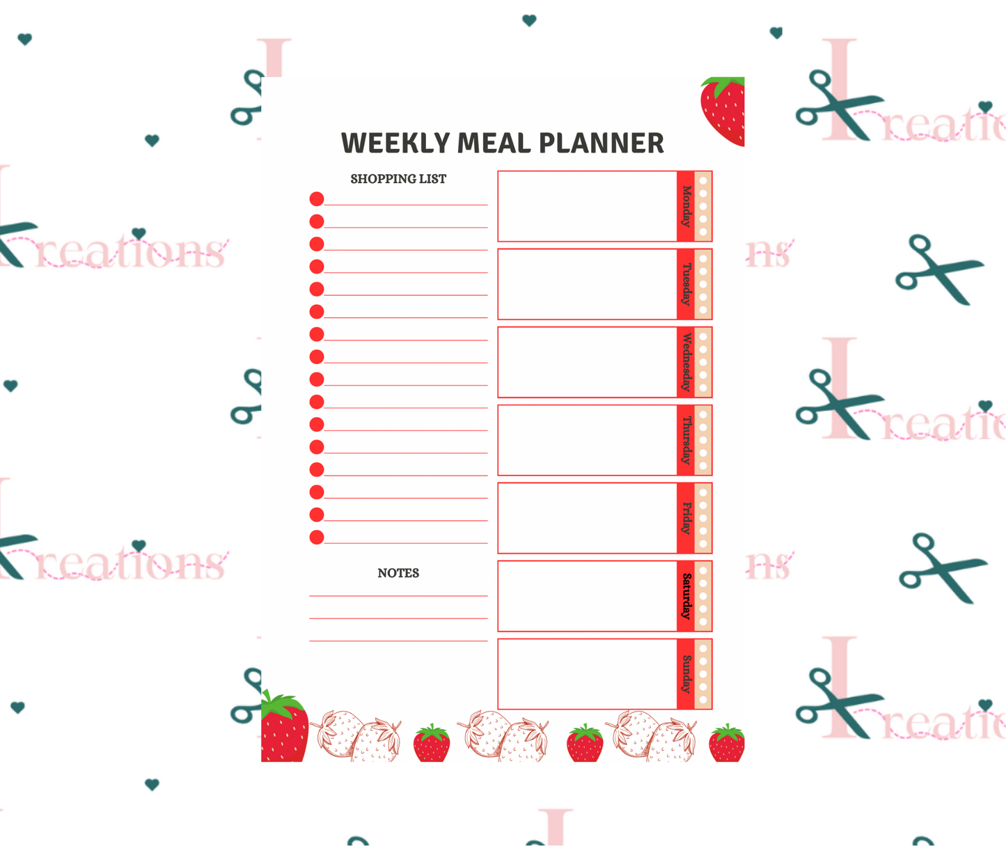 Weekly Meal Planner with Whiteboard Marker and Magnetic Strips - Laminated and Reusable, Cute Strawberry Theme