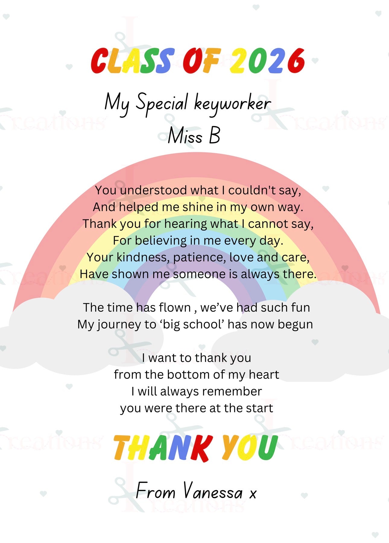 Personalised Nursery Graduation Thank You Print | Class of 2026 Rainbow Teacher Gift | Preschool Leavers Keepsake A4