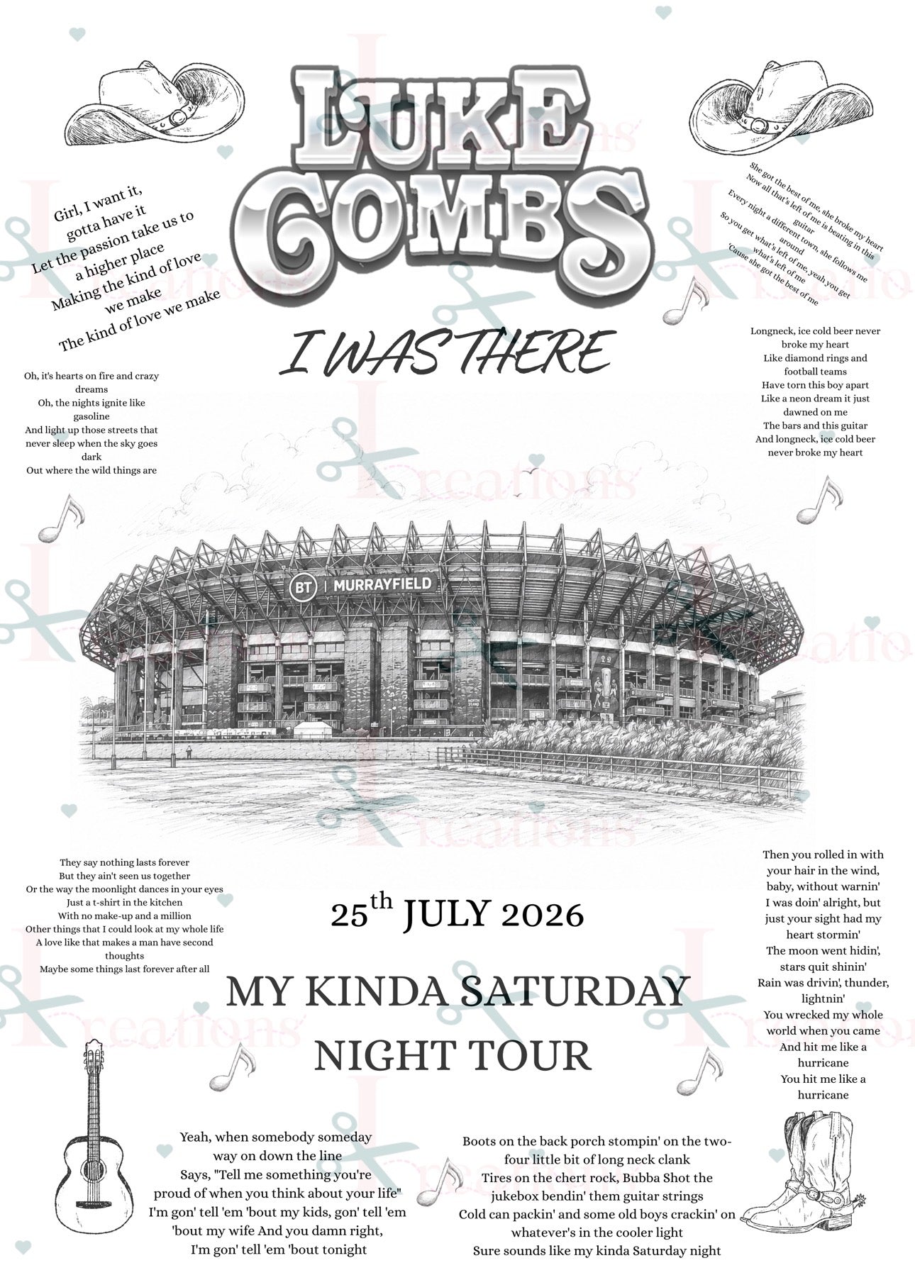 Luke Combs “I Was There” A4 Concert Print – Murrayfield 2026 | My Kinda Saturday Night Tour Keepsake