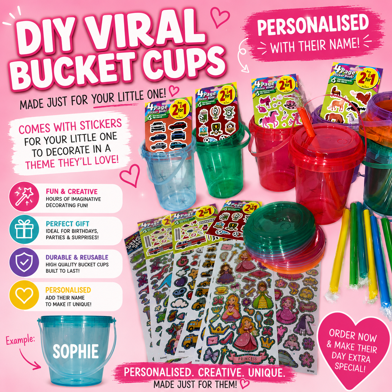 Personalised DIY Viral Bucket Cup with Stickers | Custom Name Bucket | Reusable Party Cup for Kids