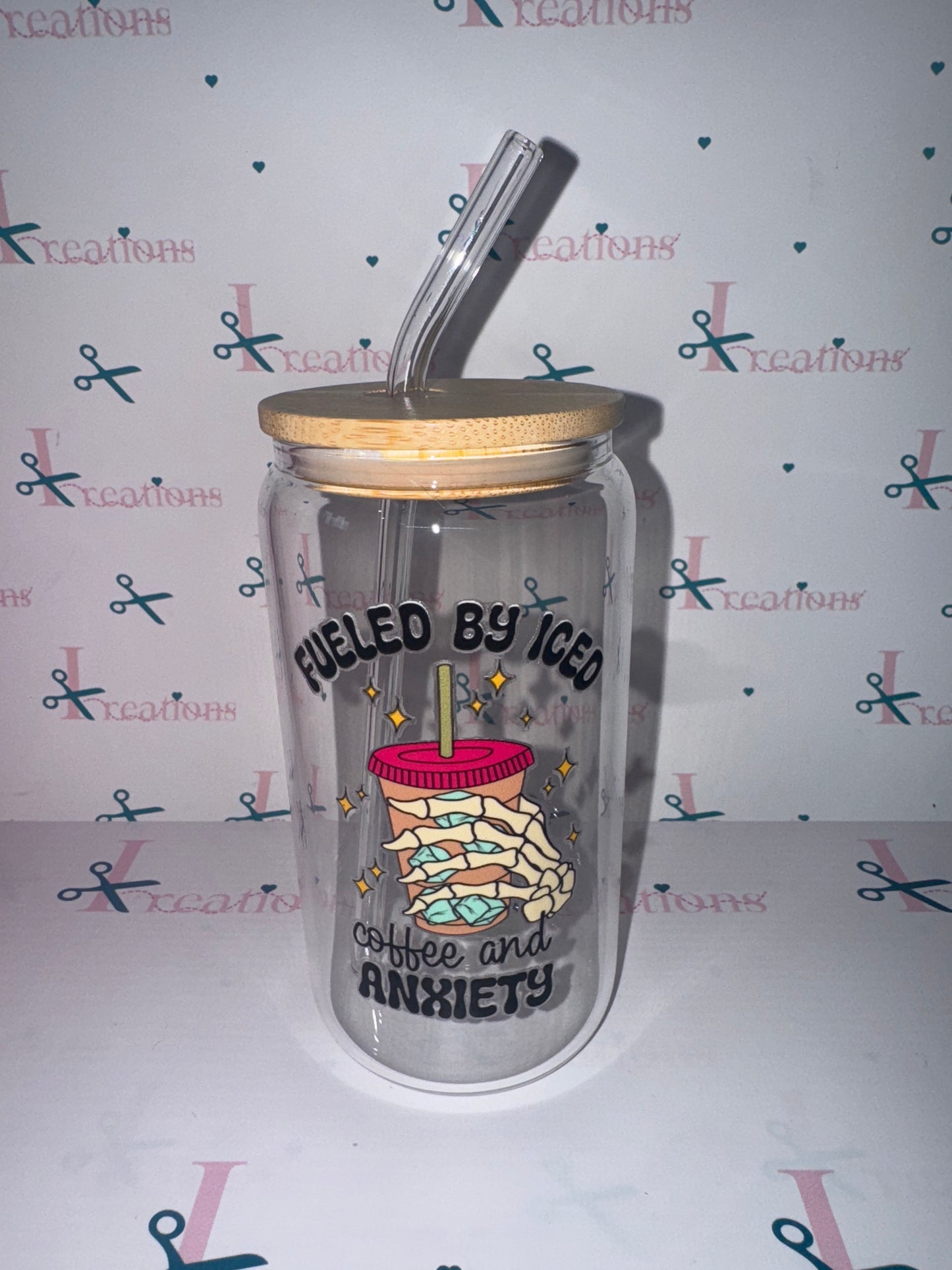 Glass libbey can - Fuelled by Iced coffee and anxiety