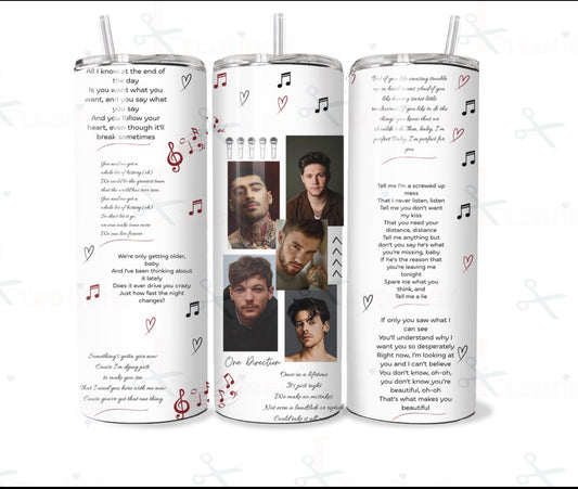 One Direction 20oz Skinny Tumbler with Straw & Straw Cleaner | Gift for 1D Fans | Double Wall Insulated Travel Cup