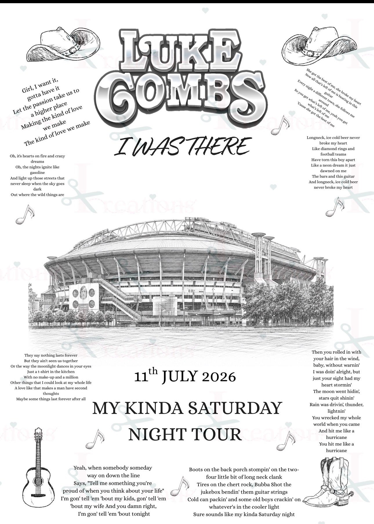 Luke Combs “I Was There” A4 Concert Print – 2026 | My Kinda Saturday Night Tour Keepsake