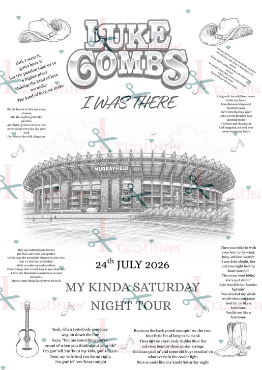 Luke Combs “I Was There” A4 Concert Print – Murrayfield 2026 | My Kinda Saturday Night Tour Keepsake