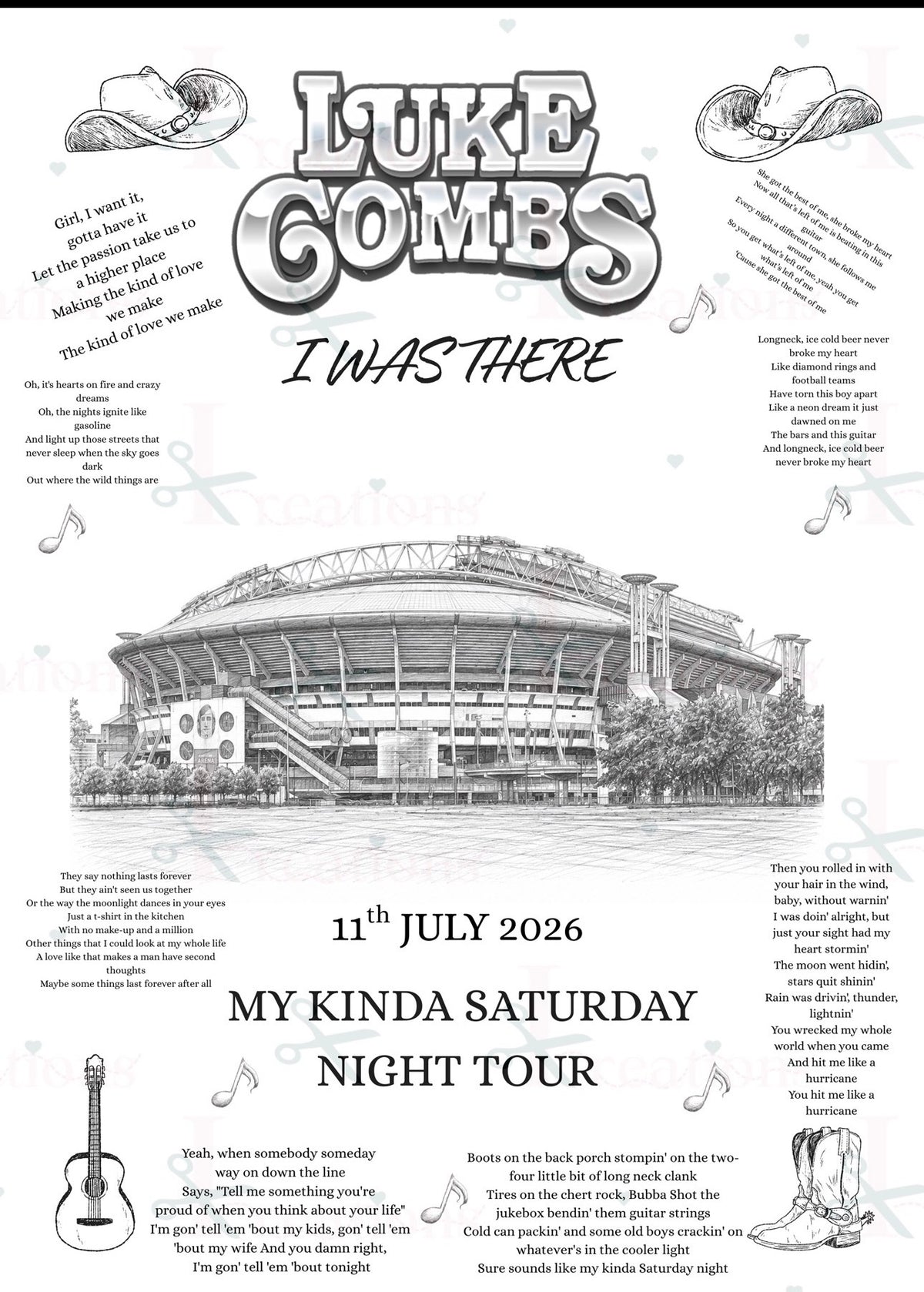 Luke Combs “I Was There” A4 Concert Print – 2026 | My Kinda Saturday Night Tour Keepsake