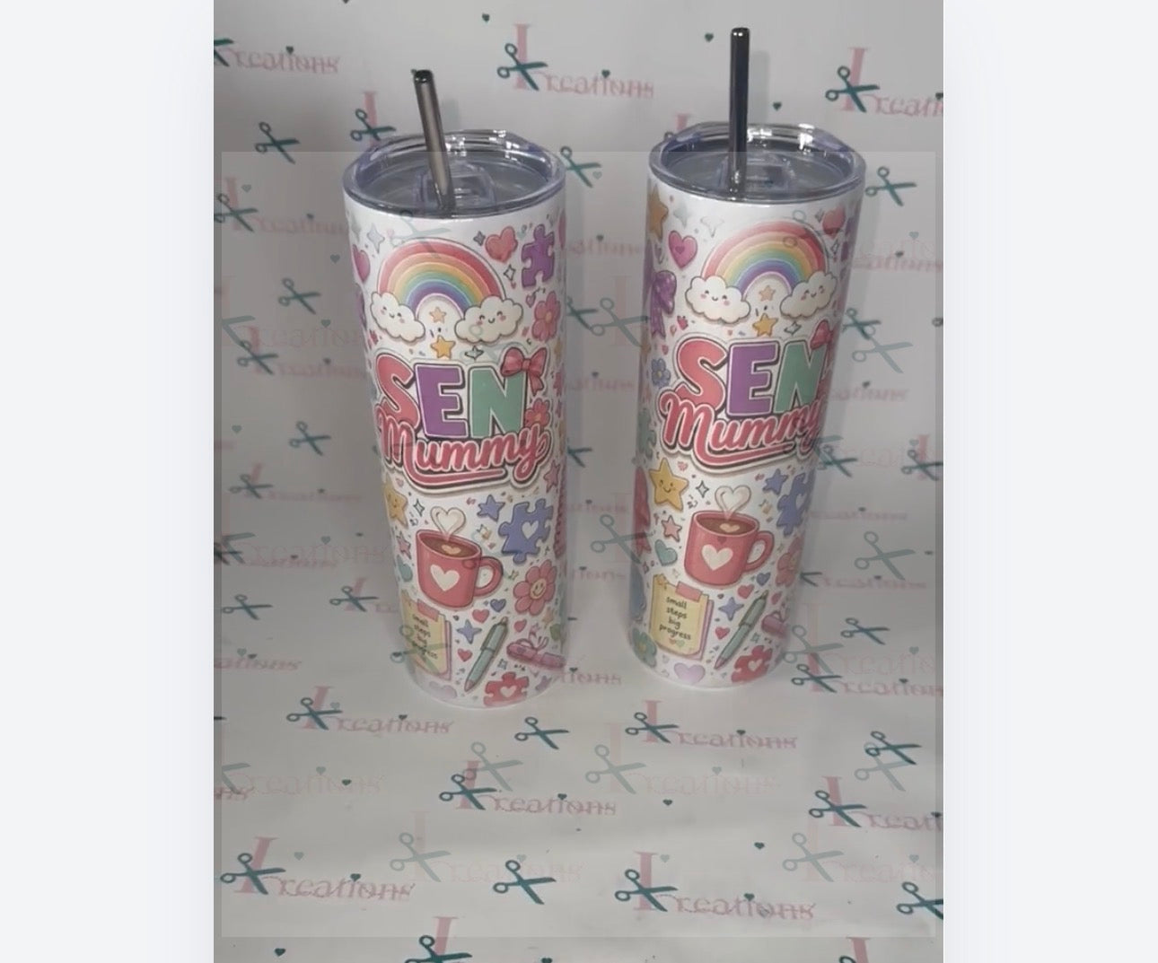 SEN Mummy 20oz Tumbler - Cute Rainbow Design with Reusable Straw & Free Straw Cleaner - Durable & Secure Lid - Perfect Gift for SEN Mums