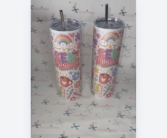 SEN Mummy 20oz Tumbler - Cute Rainbow Design with Reusable Straw & Free Straw Cleaner - Durable & Secure Lid - Perfect Gift for SEN Mums