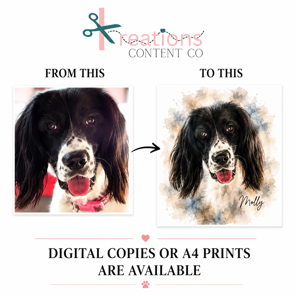 Personalised Pet Watercolour Portrait | Custom Digital Download or A4 Printed Pet Portrait | Memorial Pet Gift | Dog & Cat Portrait