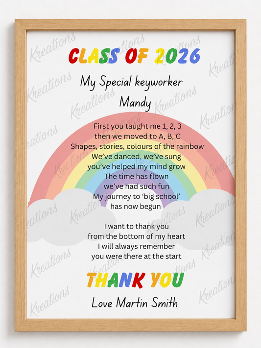 Personalised Nursery Graduation Thank You Print | Class of 2026 Rainbow Teacher Gift | Preschool Leavers Keepsake A4