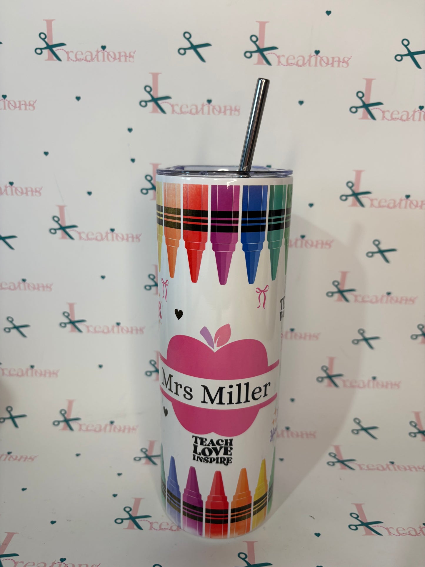 Personalised Teacher 20oz Skinny Tumbler – Teach Love Inspire Gift with Straw