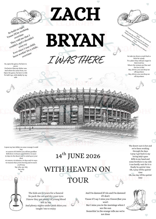 Zach Bryan “I Was There” A4 Concert Print – Murrayfield 2026 | With heaven on Tour Keepsake