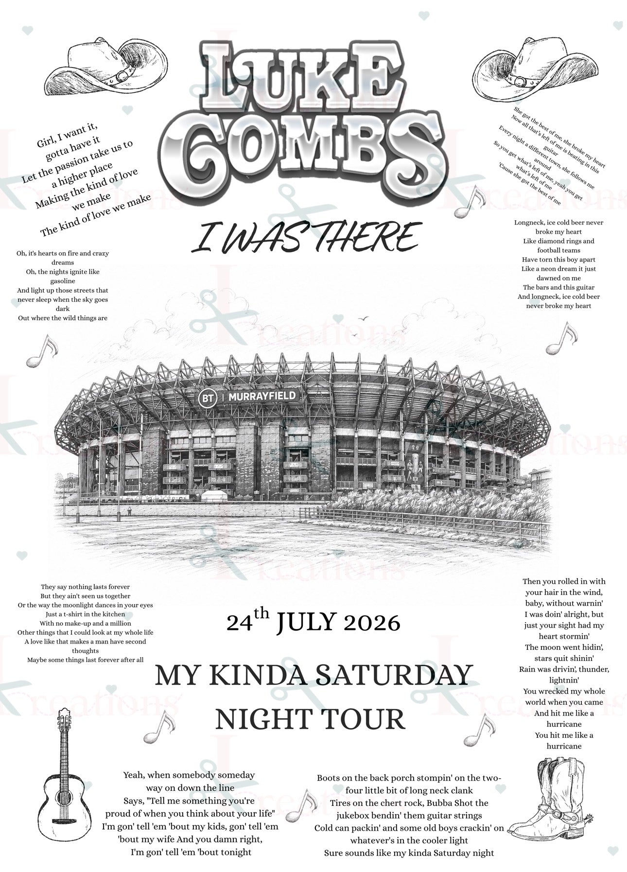 Luke Combs “I Was There” A4 Concert Print – Murrayfield 2026 | My Kinda Saturday Night Tour Keepsake