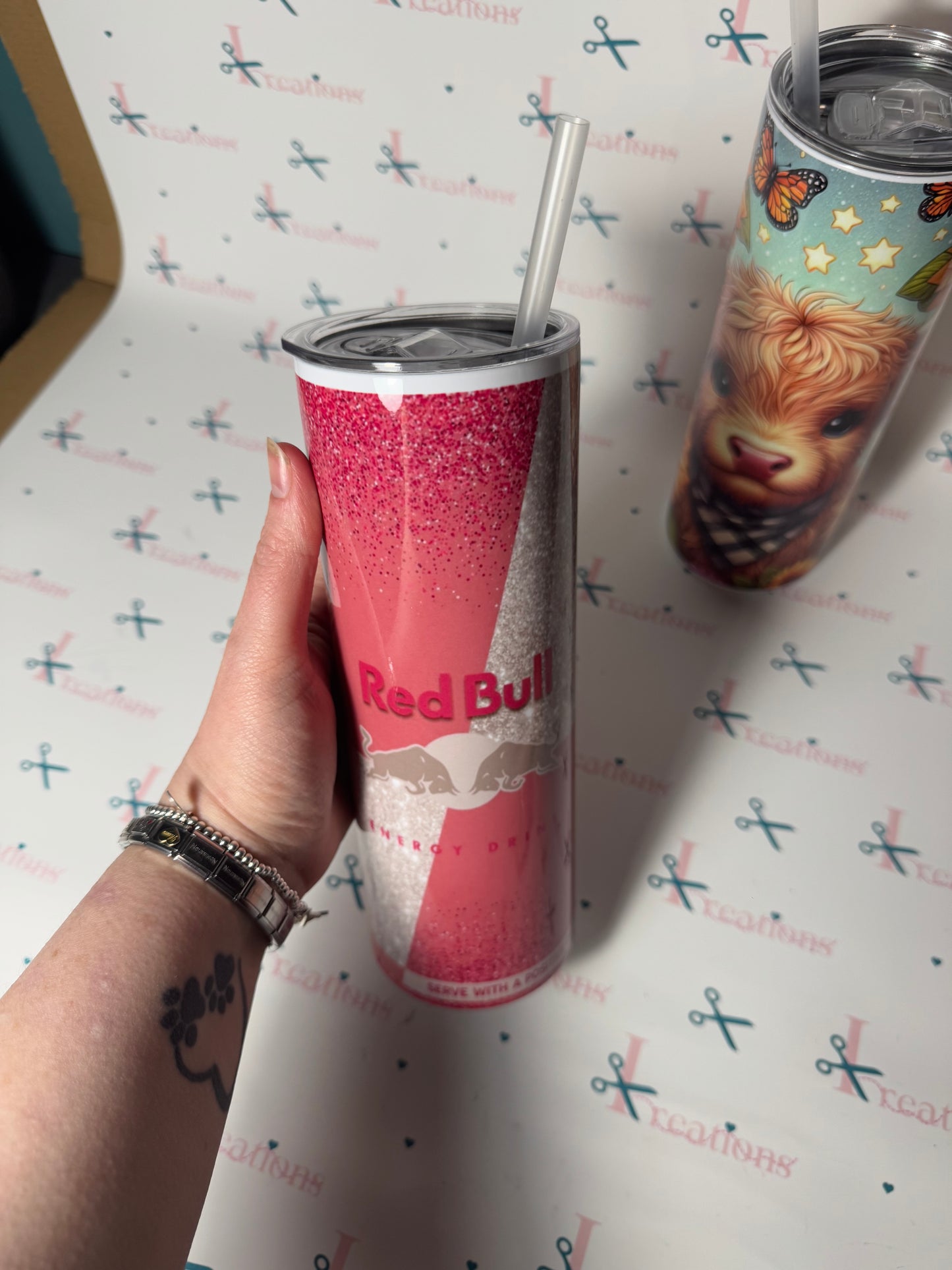 20oz Red bull pink & silver tumbler whoopsie