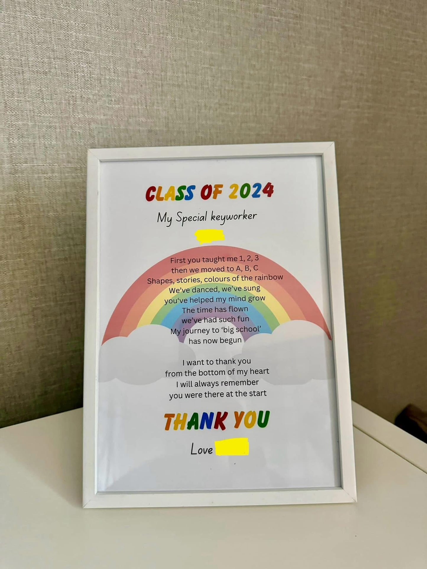 Personalised Nursery Graduation Thank You Print | Class of 2026 Rainbow Teacher Gift | Preschool Leavers Keepsake A4