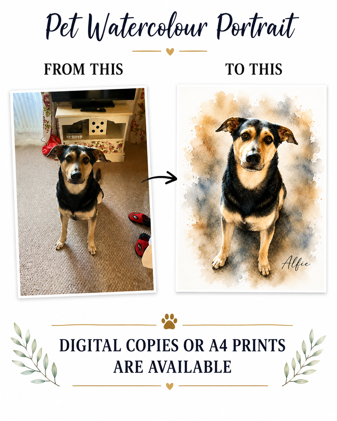 Personalised Pet Watercolour Portrait | Custom Digital Download or A4 Printed Pet Portrait | Memorial Pet Gift | Dog & Cat Portrait