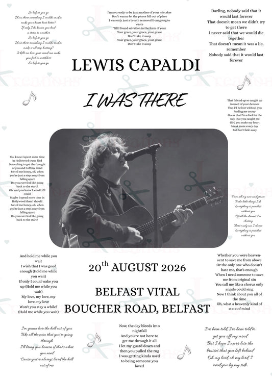 Lewis Capaldi Belfast Vital 2026 “I Was There” A4 Concert Print | Boucher Road Keepsake