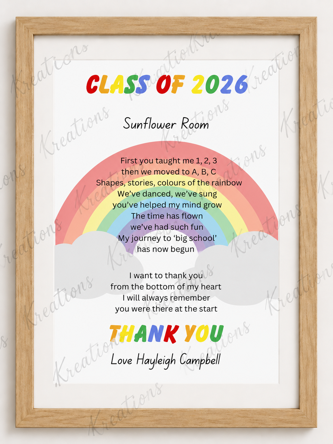 Personalised Nursery Graduation Thank You Print | Class of 2026 Rainbow Teacher Gift | Preschool Leavers Keepsake A4