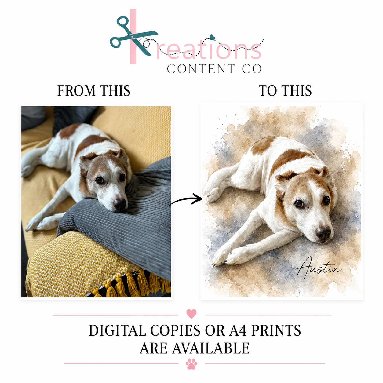 Personalised Pet Watercolour Portrait | Custom Digital Download or A4 Printed Pet Portrait | Memorial Pet Gift | Dog & Cat Portrait